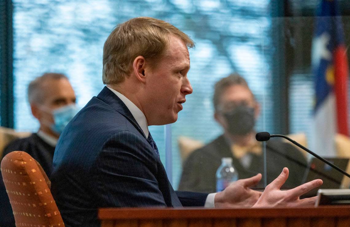 State Rep. Destin Hall, a top Republican redistricting official testifies during a partisan gerrymandering trial Wednesday, Jan. 5, 2022 at Campbell University School of Law in Raleigh, NC.