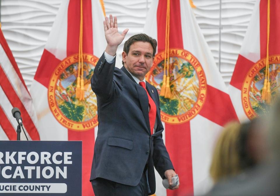 Florida Governor Ron DeSantis speaks to the audience during his visit to the Indian River State College Eastman Advanced Workforce Training Complex on Wednesday, Feb. 7, 2024, in Fort Pierce. DeSantis presented IRSC with a 4$ million grant during his visit.