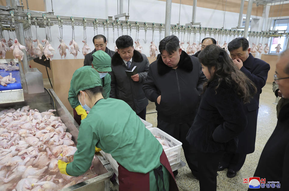 In this photo provided on Monday, Jan. 8, 2024, by the North Korean government, North Korean leader Kim Jong Un, center, with his daughter visits a newly-built chicken farm in Hwangju County of North Hwanghae Province on Jan. 7, 2024. Independent journalists were not given access to cover the event depicted in this image distributed by the North Korean government. The content of this image is as provided and cannot be independently verified. Korean language watermark on image as provided by source reads: "KCNA" which is the abbreviation for Korean Central News Agency. (Korean Central News Agency/Korea News Service via AP)