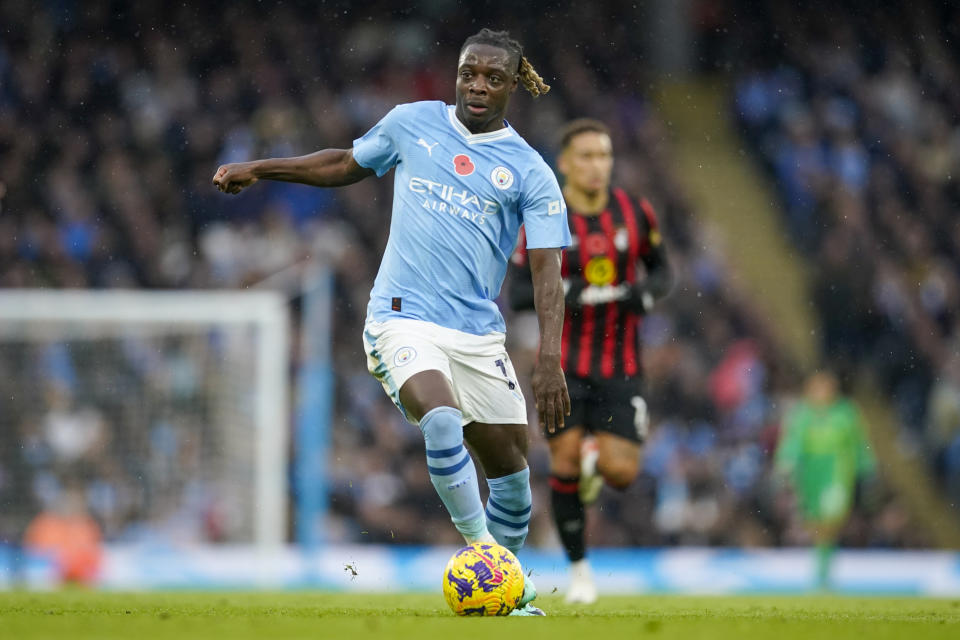 Manchester City's Jeremy Doku controls the ball during the English Premier League soccer match between Manchester City and Bournemouth at the Etihad stadium in Manchester, England, Saturday, Nov. 4, 2023. (AP Photo/Dave Thompson)