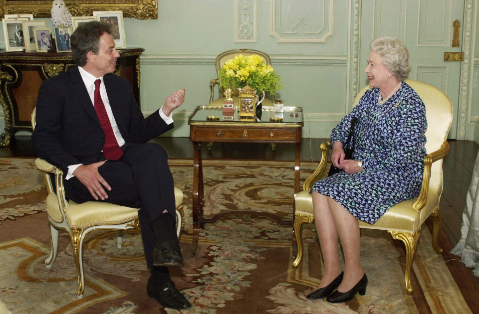 TV viewers will this week get this rare glimse of the Britain's Queen Elizabeth II giving an audience at Buckingham Palace to Prime Minister Tony Blair.     *  The footage will be featured on Thursday evening at 9pm in BBC1's fourth and  final part of "Queen and Country" by William Shawcross. The programme, marking the Queen's Golden Jubilee, explores her relationship with prime ministers during her 50-year reign.  Tony Blair is the tenth Prime Minister of her reign - and was born while she was on the throne. Note to eds: Picture taken June 2001, released May 20, 2002.