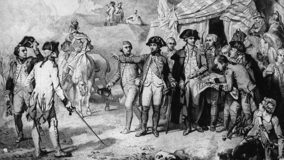 A depiction of Generals Rochambeau and Washington giving the last orders for attack at the siege of Yorktown in 1781. With them is the Marquis de Lafayette.   - Hulton Archive/Getty Images