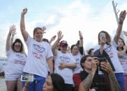 FILE - In this June 7, 2021, file photo, people gather to say a prayer in Baytown, Texas, while protesting against a Houston Methodist Hospital policy that says employees must get vaccinated against COVID-19 or lose their jobs. A federal judge dismissed their lawsuit, saying if they don’t like the rule, they can go find another job. (Yi-Chin Lee/Houston Chronicle via AP)