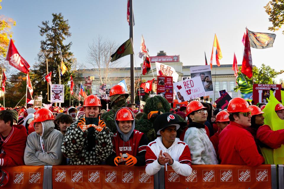 The crowd of mostly University of Utah students cheers during the filming of ESPN’s “College GameDay” show at the University of Utah in Salt Lake City on Saturday, Oct. 28, 2023.