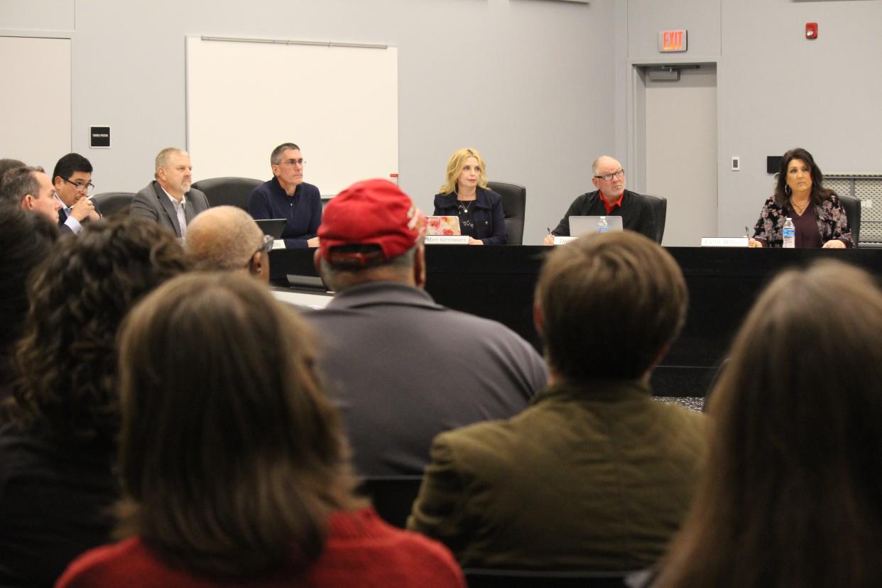 The Lubbock-Cooper ISD school board listens to public comment at a meeting Thursday. The board convened to adopt a resolution condemning racism.