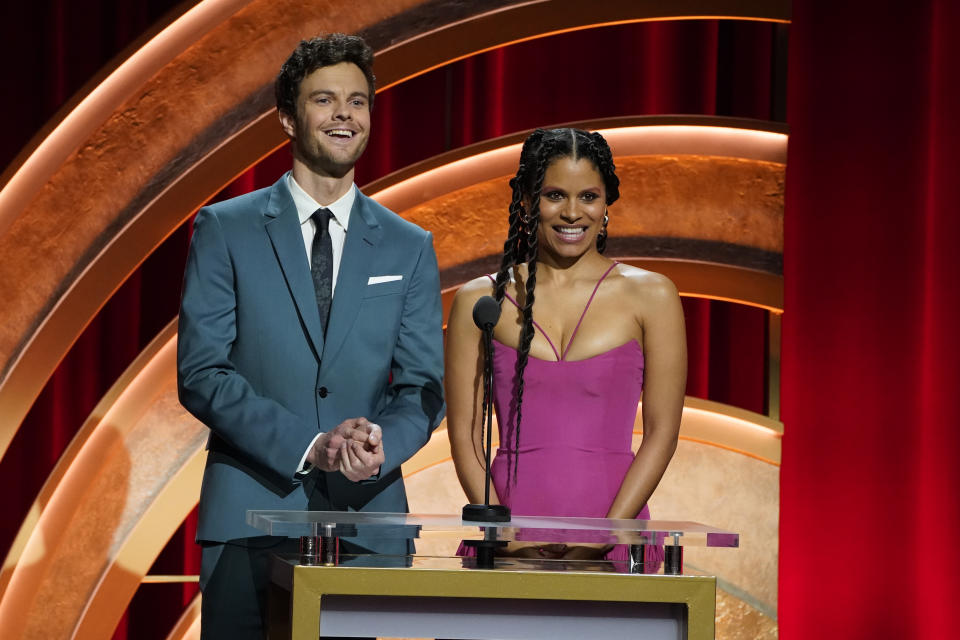 Jack Quaid, left, and Zazie Beetz speak during the 96th Academy Awards nominations announcement on Tuesday, Jan. 23, 2024, at the Samuel Goldwyn Theater in Beverly Hills, Calif. The 96th Academy Awards will take place on Sunday, March 10, 2024, in Los Angeles. (Photo by Jordan Strauss/Invision/AP)