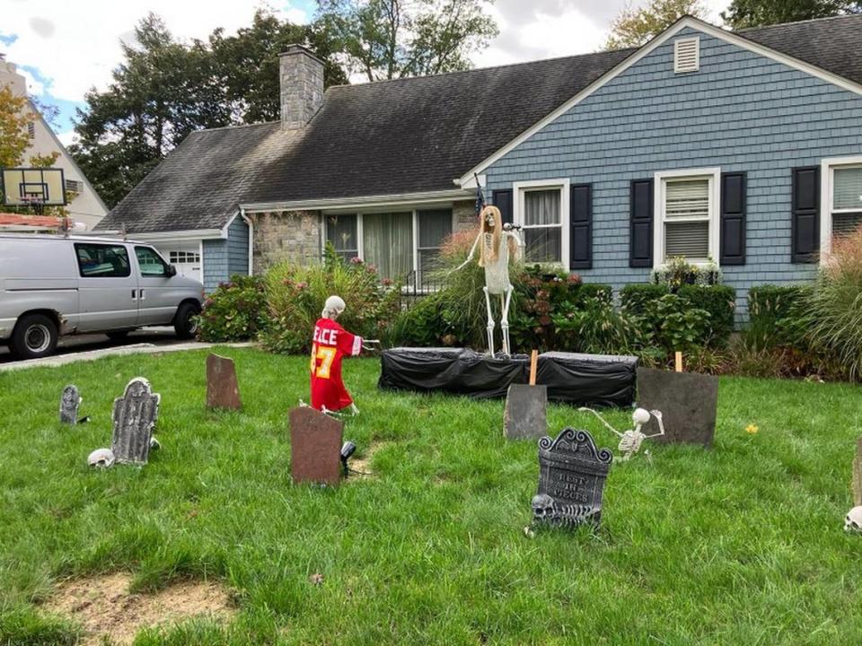 Travis Kelce and Taylor Swift have become Halloween decorations. Here are their bony selves in a yard in Tarrytown, New York.