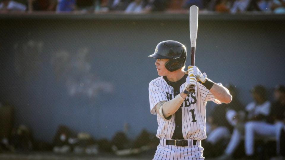 Jake Hixenbaugh of Atascadero bats for the San Luis Obispo Blues in a game against the Santa Barbara Foresters on July 3, 2023.