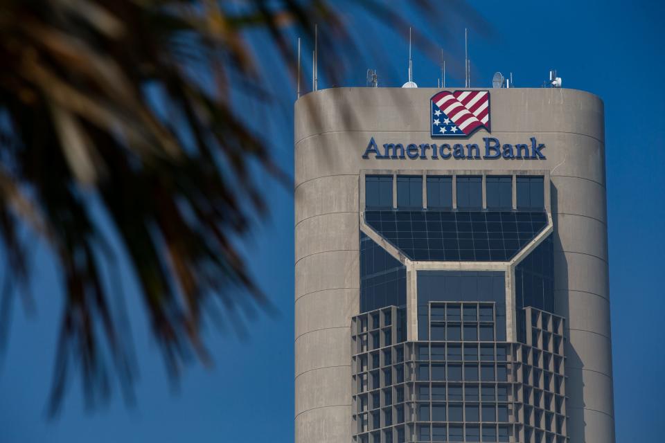 The American Bank building rises in downtown Corpus Christi, Texas, on Dec. 9, 2022.