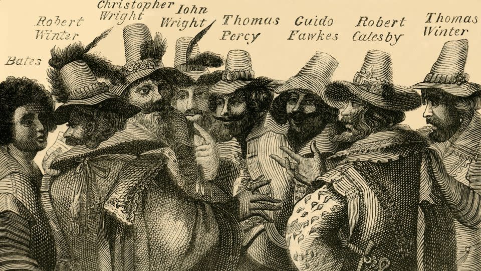 An illustration depicting Guy Fawkes and the other men behind the failed Gunpowder Plot of 1605. - Print Collector/Hulton Archive/Getty Images