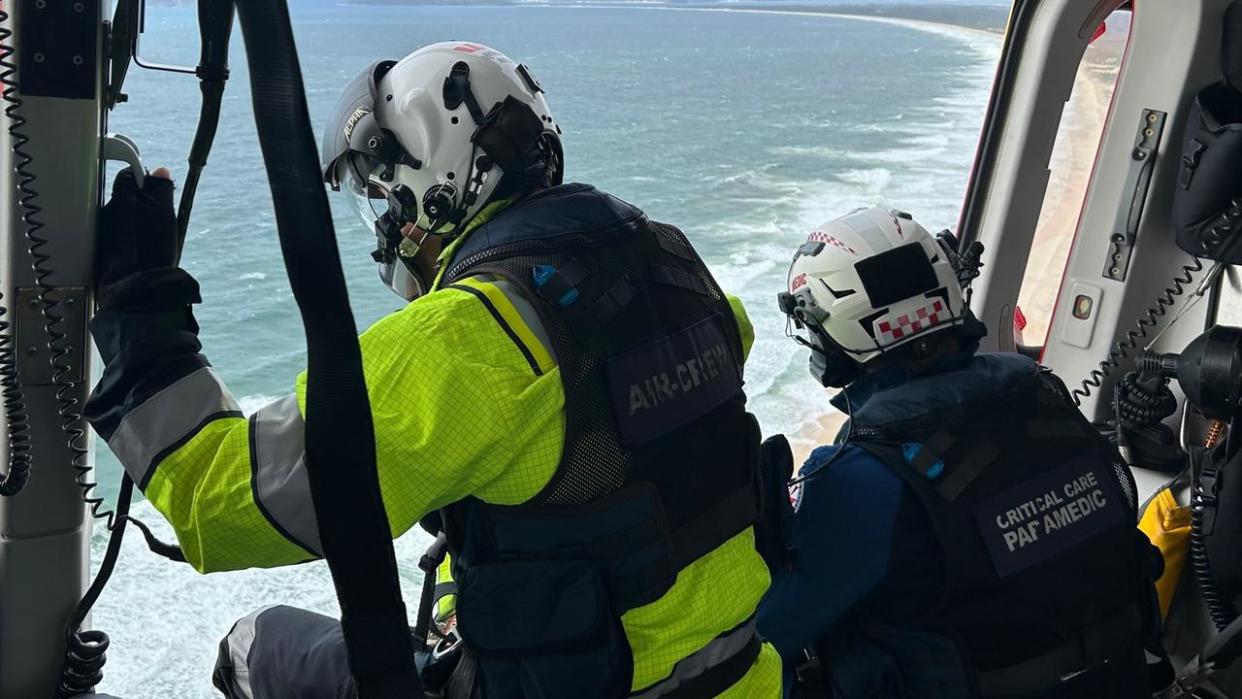 The Hunter Westpac rescue helicopter crew searches for a helicopter that went missing in the Port Stephens area on October 27, 2023. Picture: Supplied