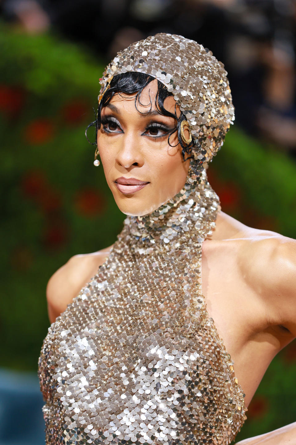 Close-up of Mj's halter gown top and matching headdress