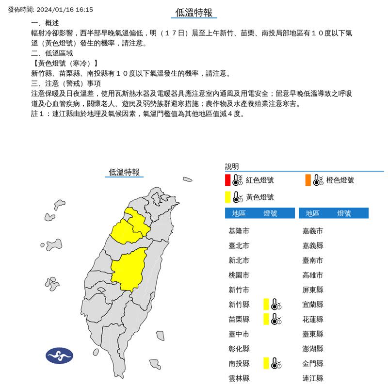 中央氣象署針對3縣市發布低溫特報。（圖／中央氣象署）