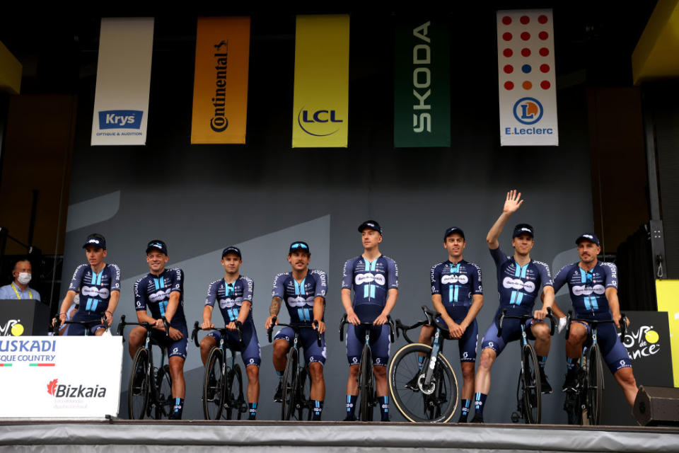 Sam Welsford (fourth from left) lines up before stage 1 of the Tour de France with his Team dsm-firmenich teammates of Romain Bardet, Alex Edmondson, Matt Dinham, Kevin Vermaerke, Chris Hamilton, Nils Eekhoff and John Degenkolb