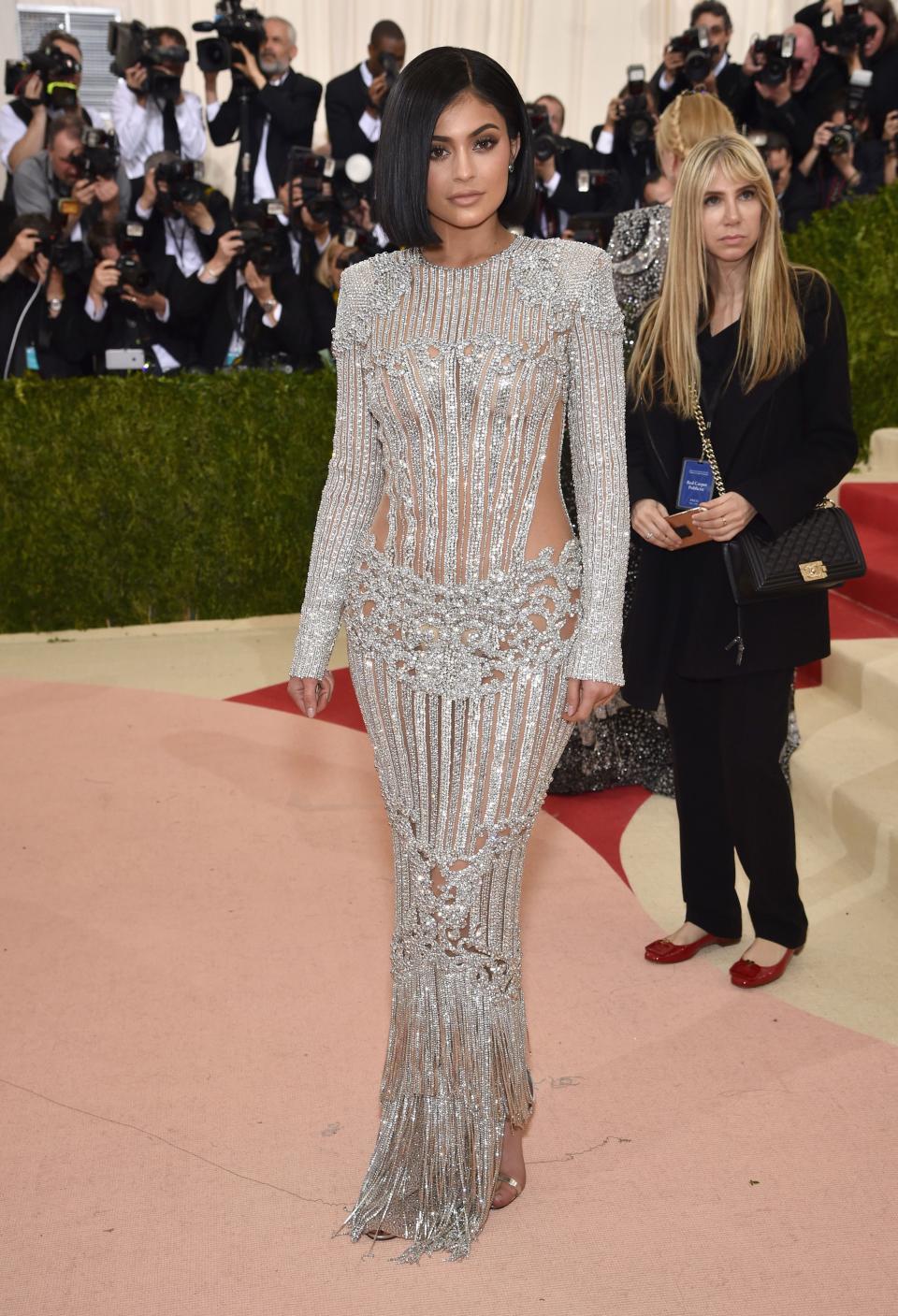 <h1 class="title">Kylie Jenner in a Balmain dress, Lorraine Schwartz jewelry, and Aquazzura shoes</h1><cite class="credit">Photo: Getty Images</cite>