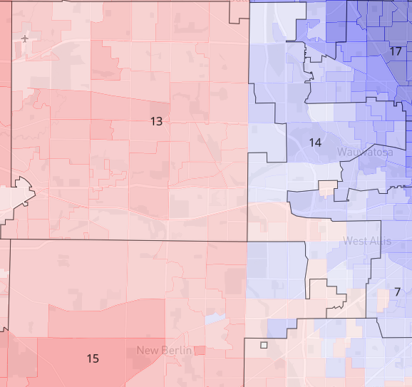 The current Assembly map near Wauwatosa draws a district around most of the Democratic precincts in Wauwatosa, leaving two other districts to the west heavily Republican.