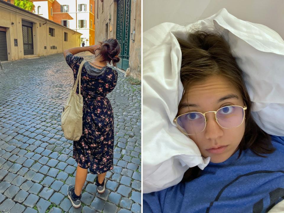 The author explores in Italy (L) and rests in Germany (R).