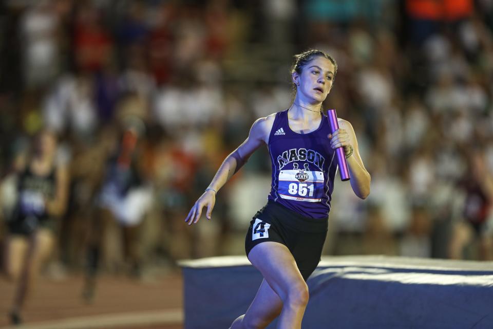 Mason runner Eliza Cope competes in the UIL State Class 2A 4 by 400-meter relay at the University of Texas at Austin's Mike A. Myers stadium on May 7, 2021.