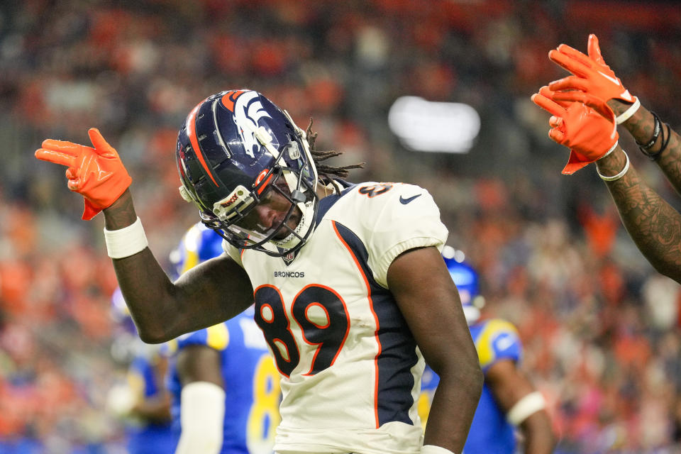 Denver Broncos wide receiver Brandon Johnson celebrates after a first down against the Los Angeles Rams during the first half of an NFL preseason football game Saturday, Aug. 26, 2023, in Denver. (AP Photo/Jack Dempsey)