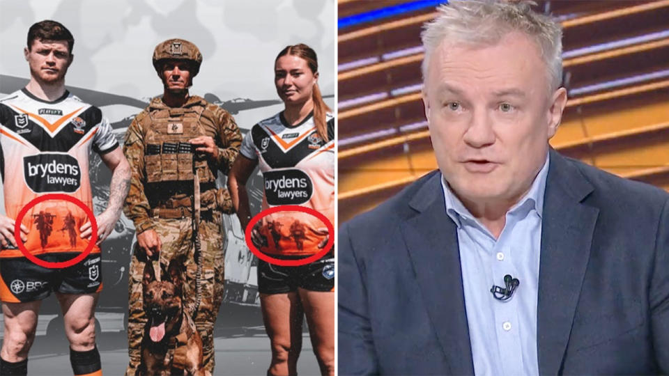 Pictured right is Paul Kent and the left image shows the Wests Tigers' commemorative Anzac jersey.