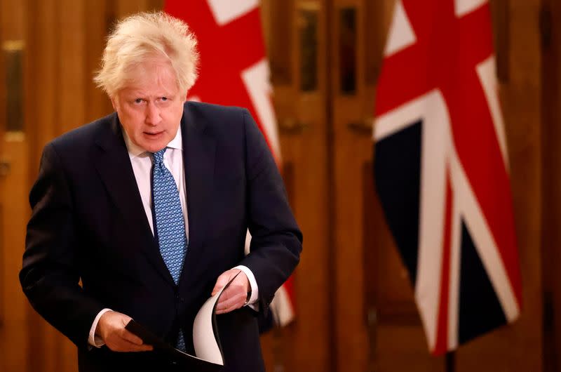 Britain's Prime Minister Boris Johnson speaks during a virtual news conference in London