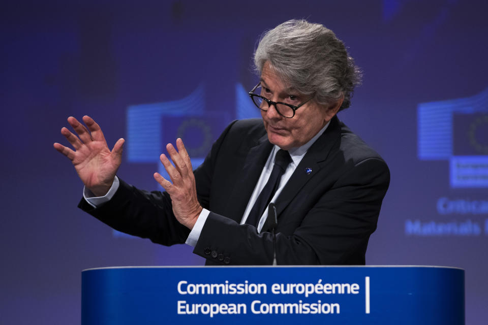 European Commissioner for Internal Market Thierry Breton talks to journalists during an online news conference at the EU headquarters in Brussels, Thursday, Sept. 3, 2020. Worried by an increasing dependency on the raw materials used to make smart phones, televisions and energy-saving lights, the European Union on Thursday launched a new strategy to secure access to rare earth minerals and reduce reliance on suppliers like Chile, China and South Africa. (AP Photo/Francisco Seco, Pool)