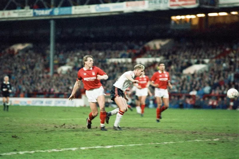 Mark Robins heads home against Nottingham Forest