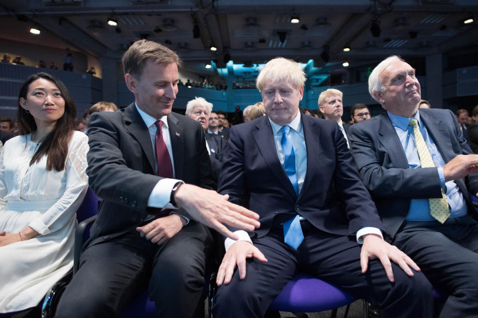 (left to right) Lucia Hunt, Jeremy Hunt, congratulating Boris Johnson and Sir Edward Lister, at the Queen Elizabeth II Centre in London where Mr Johnson was announced as the new Conservative party leader, and will become the next Prime Minister.