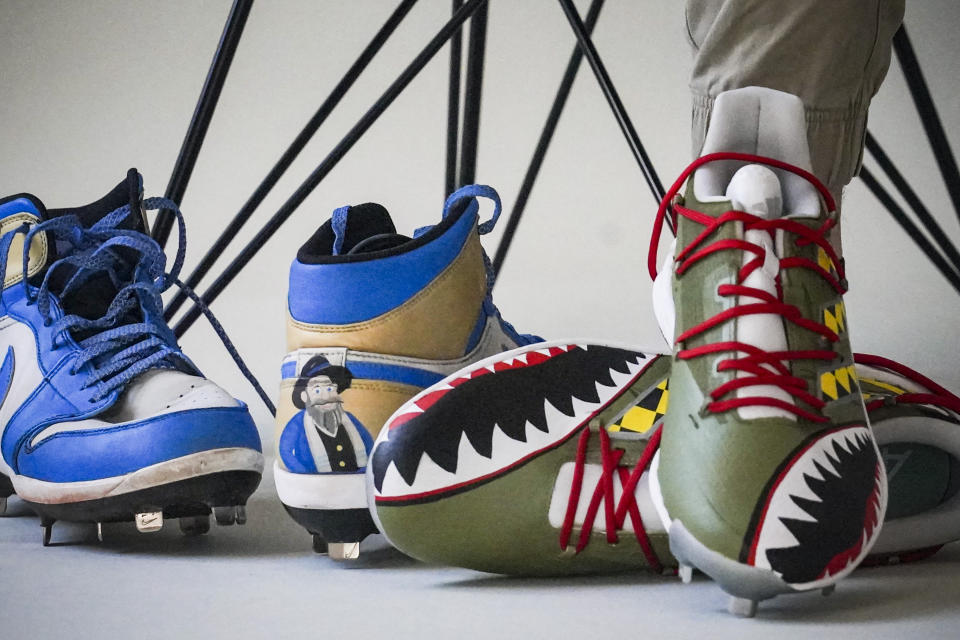 Custom cleats are displayed Wednesday, March 1, 2023, in New York. Many players in this year's World Baseball Classic—where Alex Katz is a pitcher on Israel's team, will be wearing custom-designed cleats produced by his company Stadium Custom Kicks. (AP Photo/Bebeto Matthews)