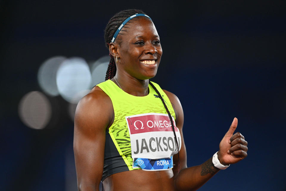 Shericka Jackson, pictured here after winning the 200m at the Diamond League event in Rome.