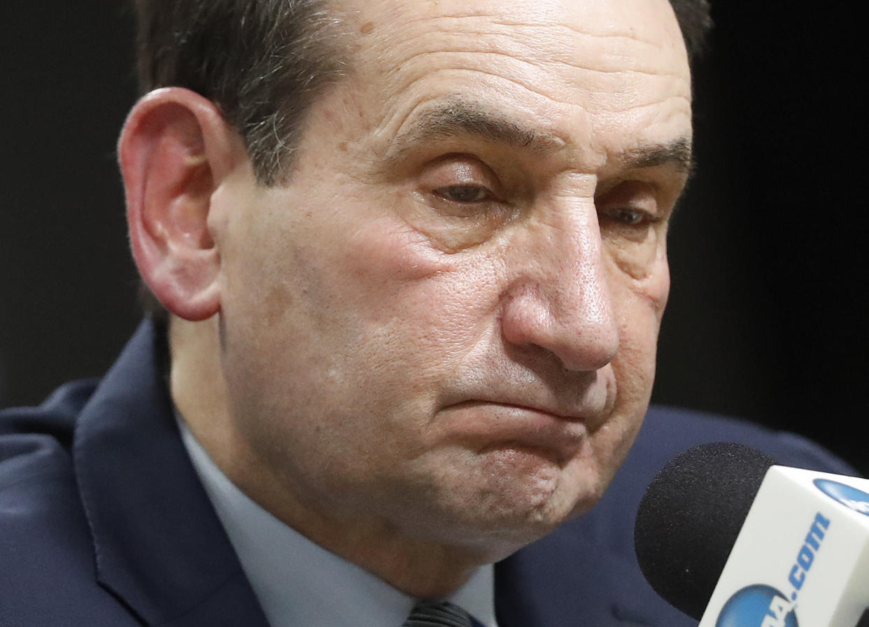 Duke head coach Mike Krzyzewski pauses while answering questions at a news conference after losing to Michigan State in a NCAA men's East Regional final collage basketball game in Washington, Sunday, March 31, 2019. Michigan State won 68-67. (AP Mark Tenally}