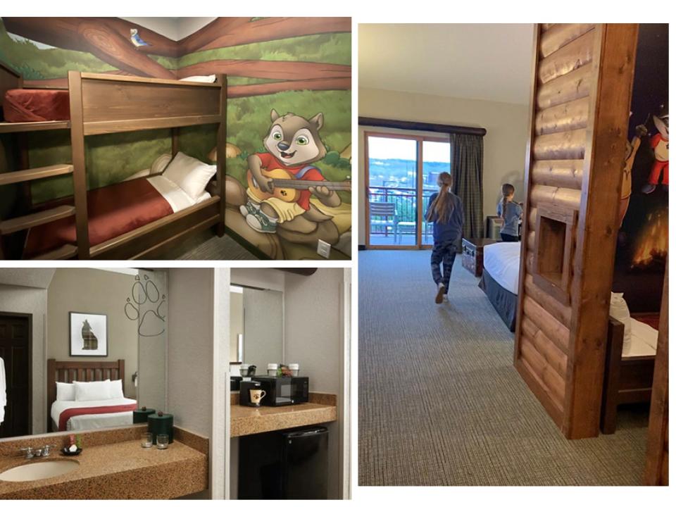 A collage of images of a hotel room with woodsy, rustic elements.
