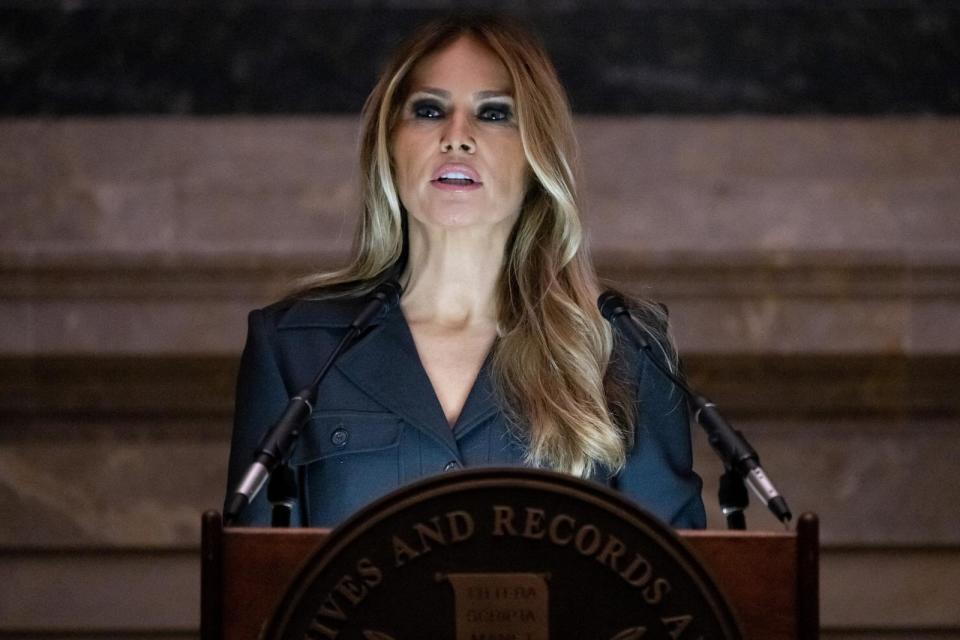 PHOTO: Former First Lady Melania Trump speaks during a Naturalization Ceremony at the National Archives building, Dec. 15, 2023, in Washington. (Saul Loeb/AFP via Getty Images, FILE)
