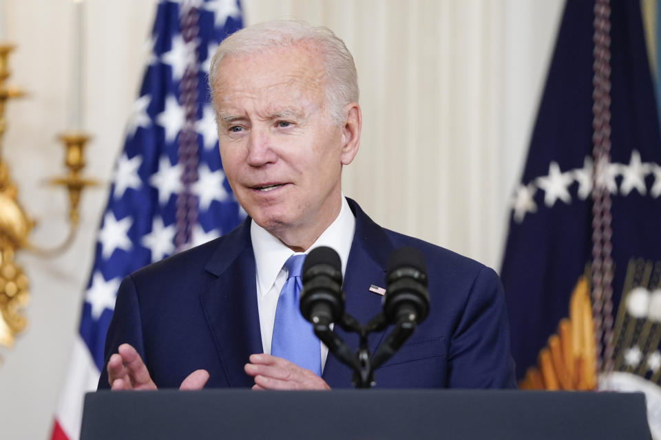 President Joe Biden speaks before signing the Ocean Shipping Reform Act in the State Dining Room of the White House, Thursday, June 16, 2022, in Washington. (AP Photo/Evan Vucci)