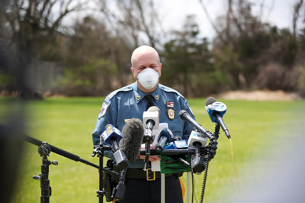 Chief of police Eric Danielson speaks to the press.