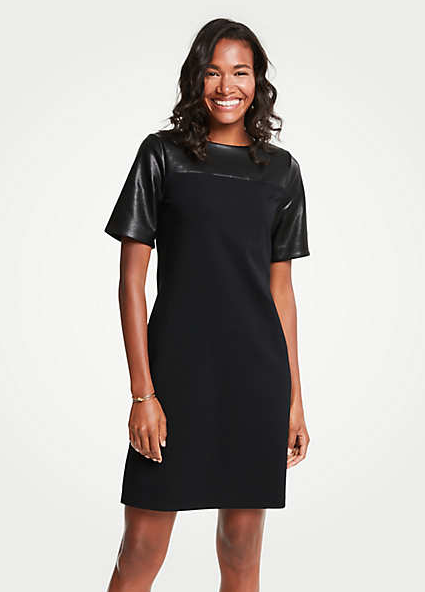<p>Trendy and yet still workplace appropriate! This Faux Leather Yoke Ponte Shift Dress has all the classic elements of a shift with leather-look detail around the neckline and sleeves to spice it up. This dress features some added stretch so you’ll be comfortable as you take this look from the office to happy hour.<br><br><a rel="nofollow noopener" href="https://www.anntaylor.com/faux-leather-yoke-ponte-shift-dress/472113?skuId=25939514&defaultColor=2222&catid=cata000012" target="_blank" data-ylk="slk:SHOP IT – Ann Taylor $83.97;elm:context_link;itc:0;sec:content-canvas" class="link "><strong>SHOP IT – Ann Taylor $83.97</strong></a> </p>