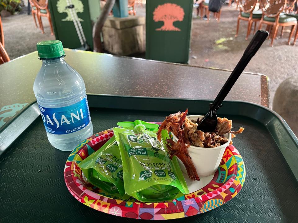 tray with kids' pulled-pork meal from flame tree barbecue at animal kingdom