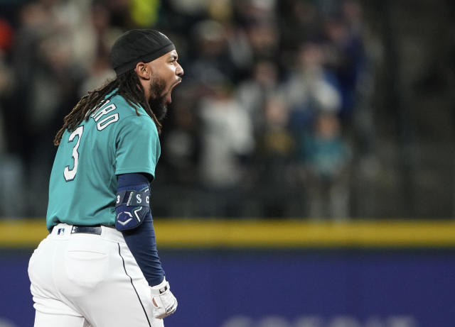 Seattle Mariners' J.P. Crawford takes a swing during an at-bat in