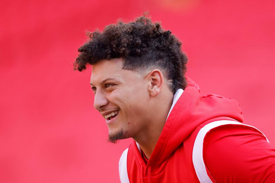 Patrick Mahomes #15 of the Kansas City Chiefs looks on prior to their game against the Detroit Lions at GEHA Field at Arrowhead Stadium on September 07, 2023 in Kansas City, Missouri.