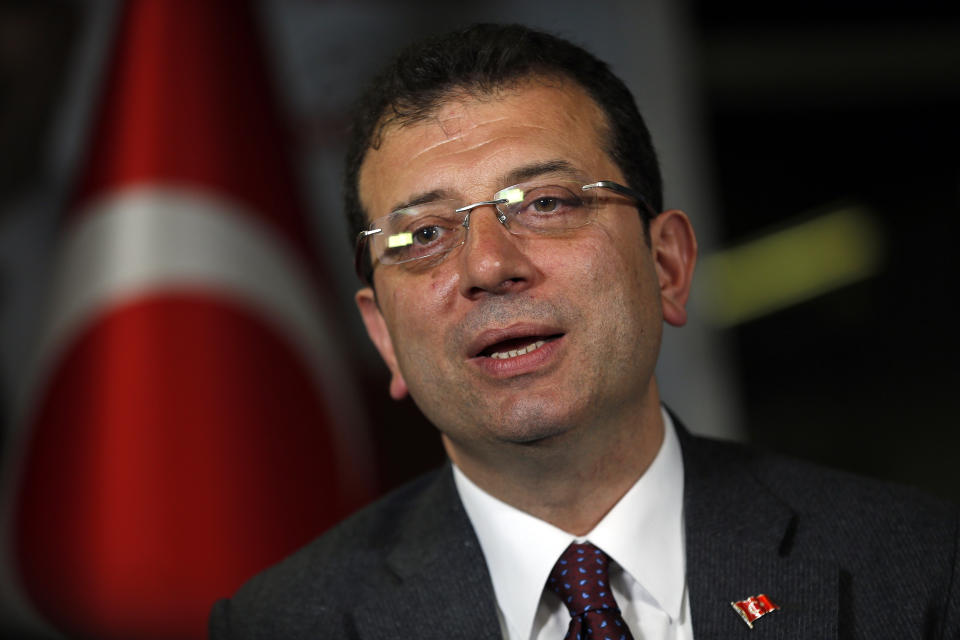 Ekrem Imamoglu, the opposition, Republican People's Party's (CHP) mayoral candidate in Istanbul, talks to The Associated Press in Istanbul, Thursday, April 4, 2019. Imamoglu said he's confident that the result of a recount of votes in the city will confirm his victory and has renewed an appeal to Turkey's President Recep Tayyip Erdogan to help end the standoff. Imamoglu won the tight race for Istanbul in Sunday's local elections in a major upset for Erdogan, who rose to power as the mayor of the city of 15 million and has said that whoever wins Istanbul wins to whole of Turkey. (AP Photo/Lefteris Pitarakis)
