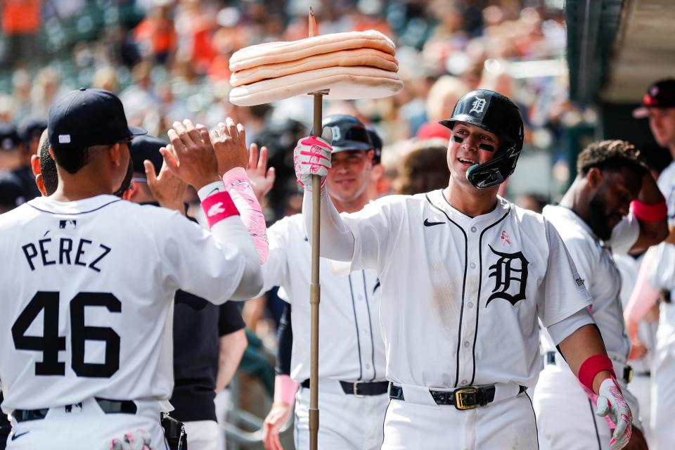 Detroit Tigers first base Spencer Torkelson (20) celebrates a 2-run home run against Houston Astros during the ninth inning at Comerica Park in Detroit on Sunday, May 12, 2024.