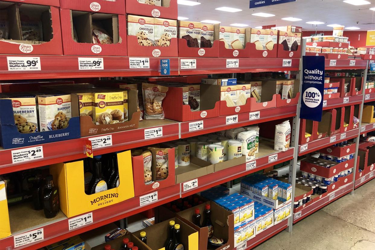 Aisle with four rows of baking items at Save A Lot