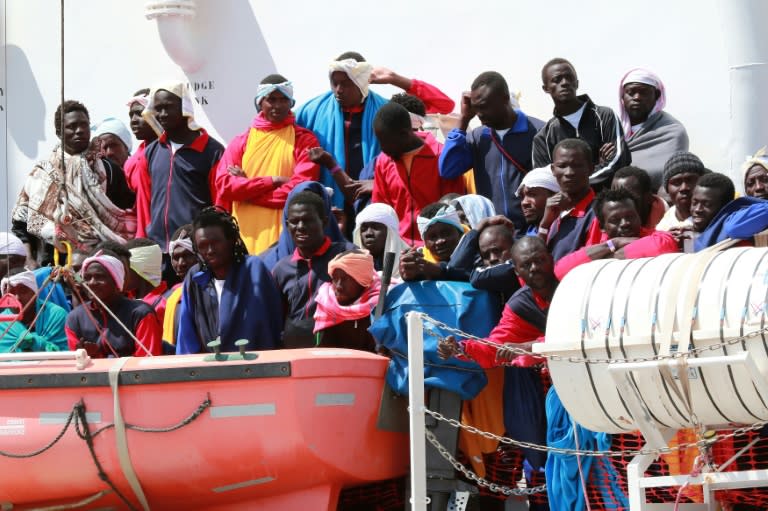 The Aquarius rescue ship, run by NGOs SOS Mediterranee and Doctors Without Borders, arrives in the port of Salerno with more than 1,000 migrants onboard