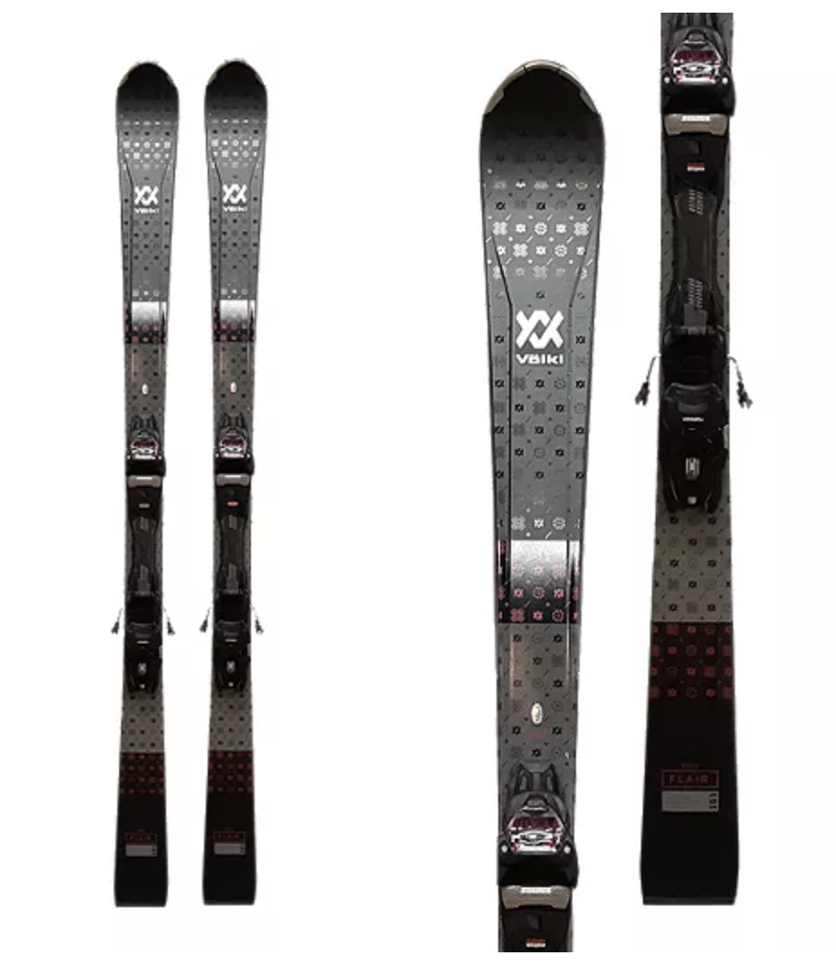 Volkl Flair Elite Women's Skis 2021/22 & vMotion 10.0 GW Bindings in grey and black (Photo via Sport Chek)