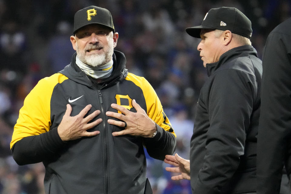 Pittsburgh Pirates manager Derek Shelton, left, reacts as he argues with umpire Marvin Hudson during the fourth inning of a baseball game against the Chicago Cubs in Chicago, Thursday, June 15, 2023. (AP Photo/Nam Y. Huh)