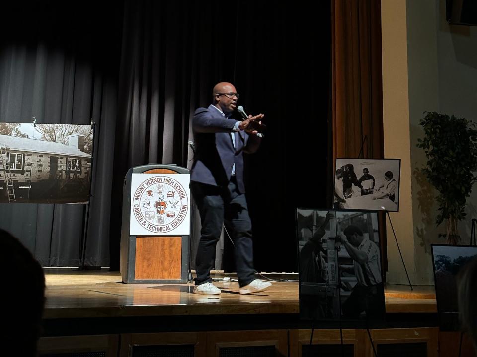 Rep. Jamaal Bowman speaks to students at a high school in Mount Vernon, New York.