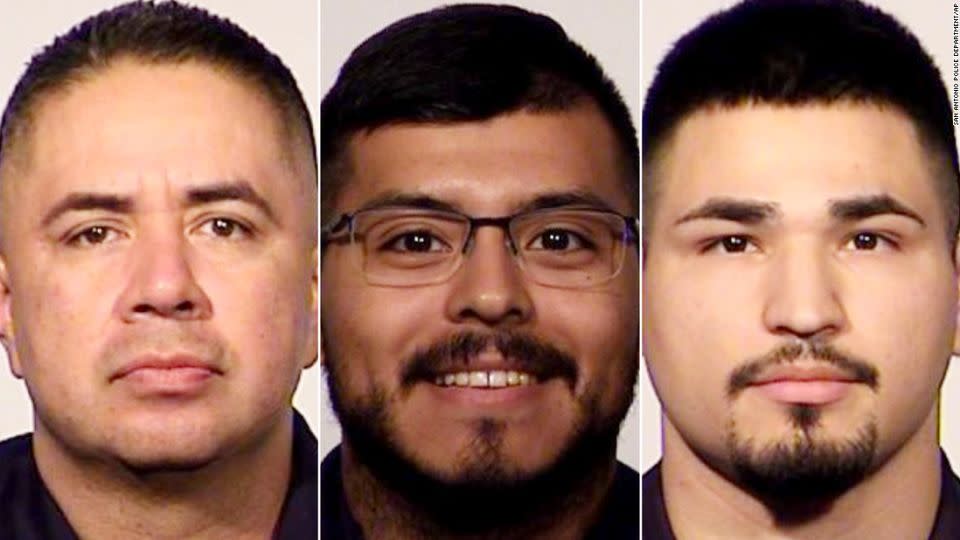 The officers charged, from left -- Sgt. Alfred Flores and Officers Eleazar Alejandro and Nathaniel Villalobos.  - San Antonio Police Department/AP