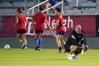 North Carolina Courage interim coach Sean Nahas watches prior to the team's NWSL soccer match against Racing Louisville FC in Cary, N.C., Wednesday, Oct. 6, 2021. (AP Photo/Gerry Broome)