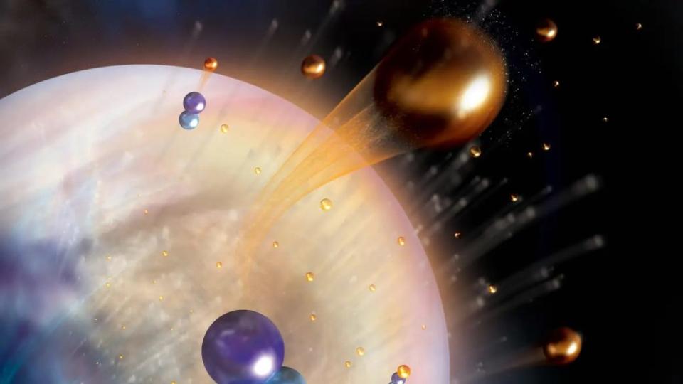 由於水分以氫原子的形式流失到太空，金星因此變得乾燥。在這個主要流失過程的插圖中，HCO+離子與電子重組，產生高速氫原子（橙色），利用CO分子（藍色）作為跳板逃逸。（圖／Aurore Simonnet）