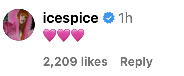 Instagram post by icespice with three heart emojis, posted 1 hour ago, showing 2,209 likes and an option to reply